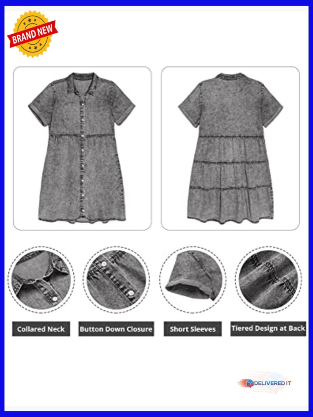 Denim Babydoll Tiered Swing Dress, Short Sleeve, Button Down, Cotton Blend - Picture 6 of 7